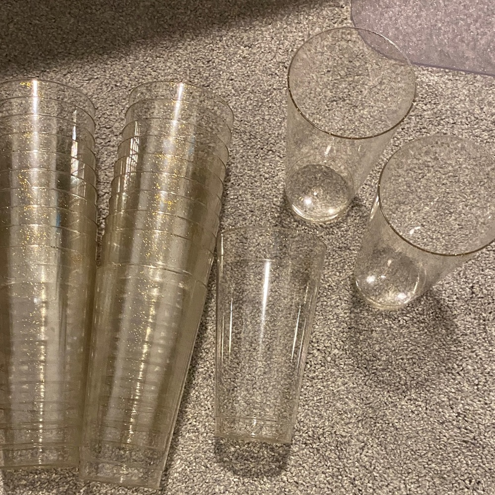Set of 23 Clear Plastic Cups- brand new unused  with gold glitter accents